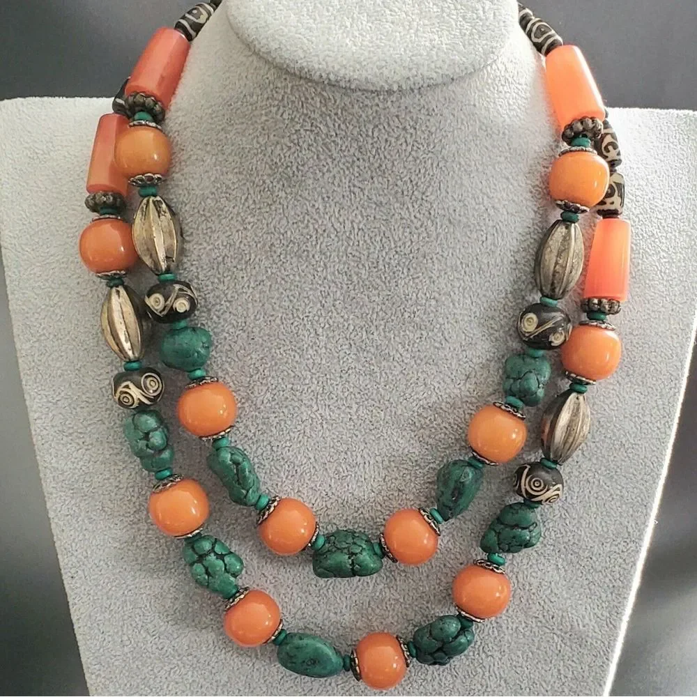 NWT Bohemian Boho Orange Bead Lot of 2 Necklaces‎ 19 to 22 in. World Mrkt India